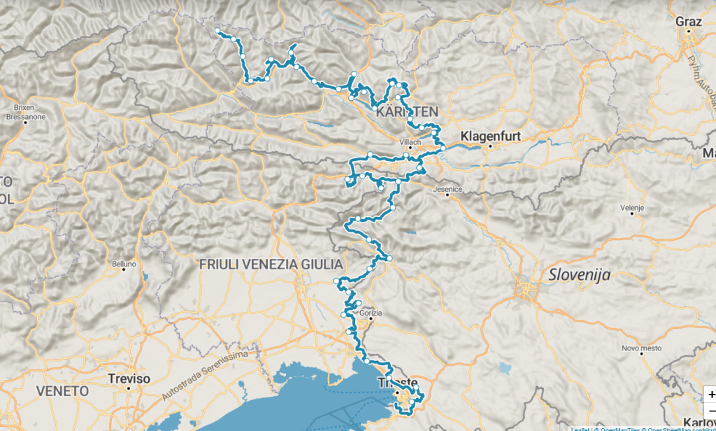 Mappa dell'Alpe-Adria-Trail con tutte le tappe